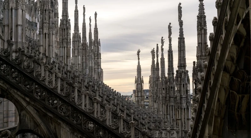 Walkway and marble spires on the Duomo rooftop terraces